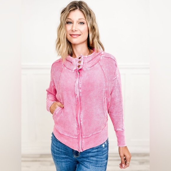 NEW Without Tags. Zenana Acid Wash 100% Cotton Waffle Hooded Zip-Up Jacket. - Picture 7 of 14